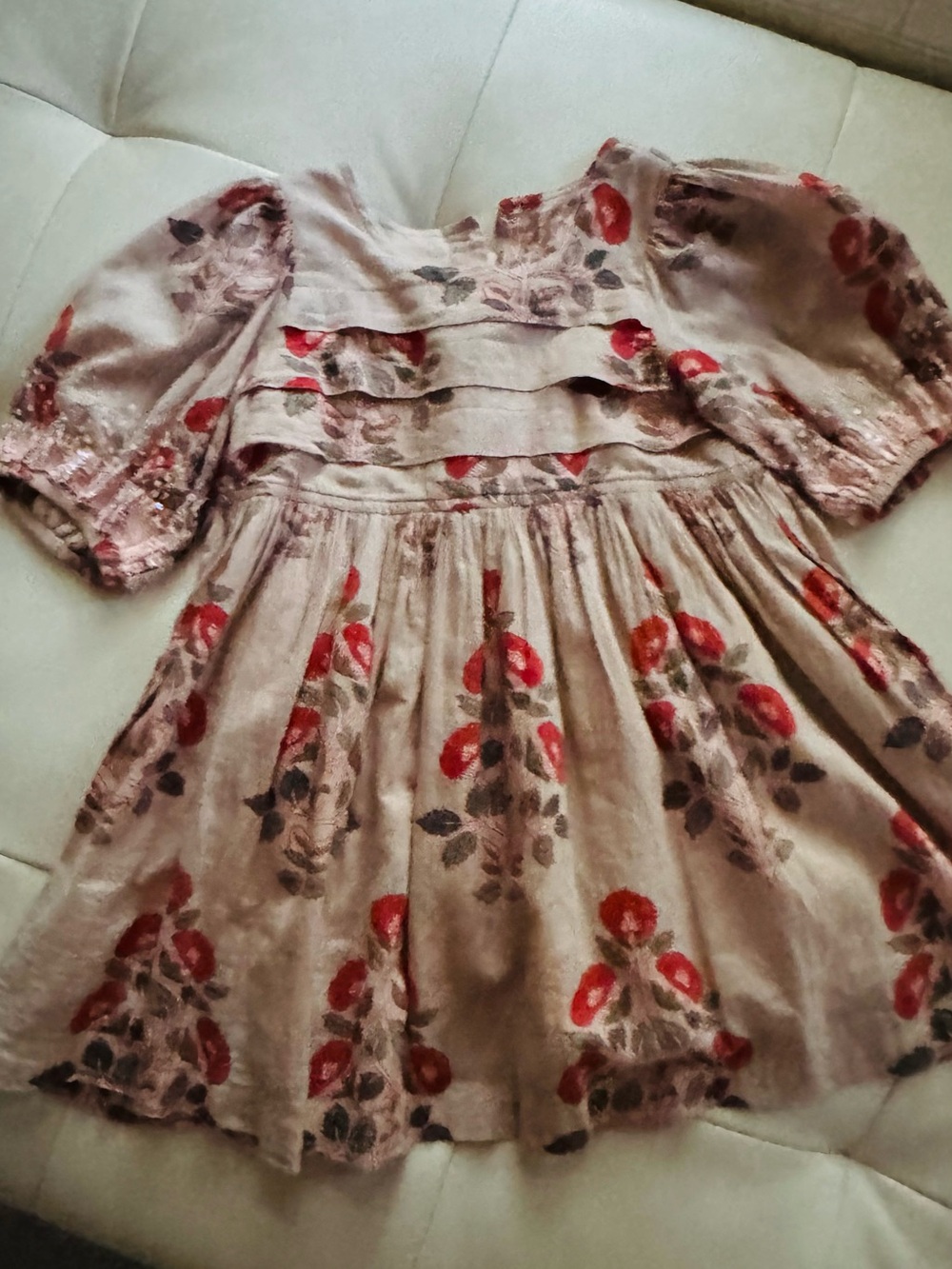 Pink Chicken Floral Puff-Sleeve Dress in Beige and Red sequin accents